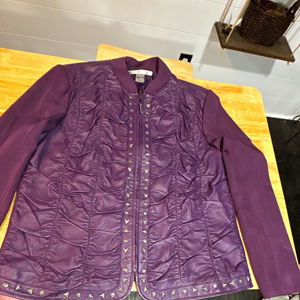Peter Nygard Women's Purple Leather Studded Zip Lined Jacket Size L, Leather